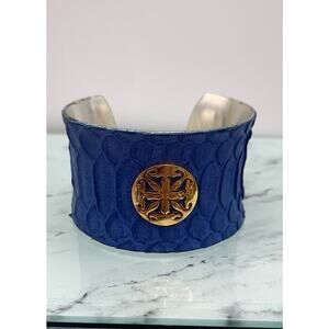 Rustic Cuff Cobalt Blue Textured Logo Metal Cuff Bracelet Signed